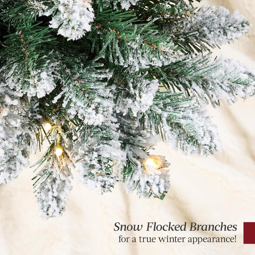 Prelit Potted Flocked Pencil Christmas Tree, 4.5Ft Artificial Lighted Holiday Décor, 175 Twinkling LEDs , Front Porch
