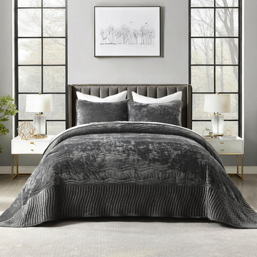 Patchwork Velvet Comforter, Grey Wave Pattern Quilt