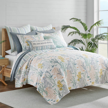 Ocean Meadow Quilt Set - Quilt and One Standard Sham - Coastal - Teal, Blue, Coral, White and Ochre - Quilt
