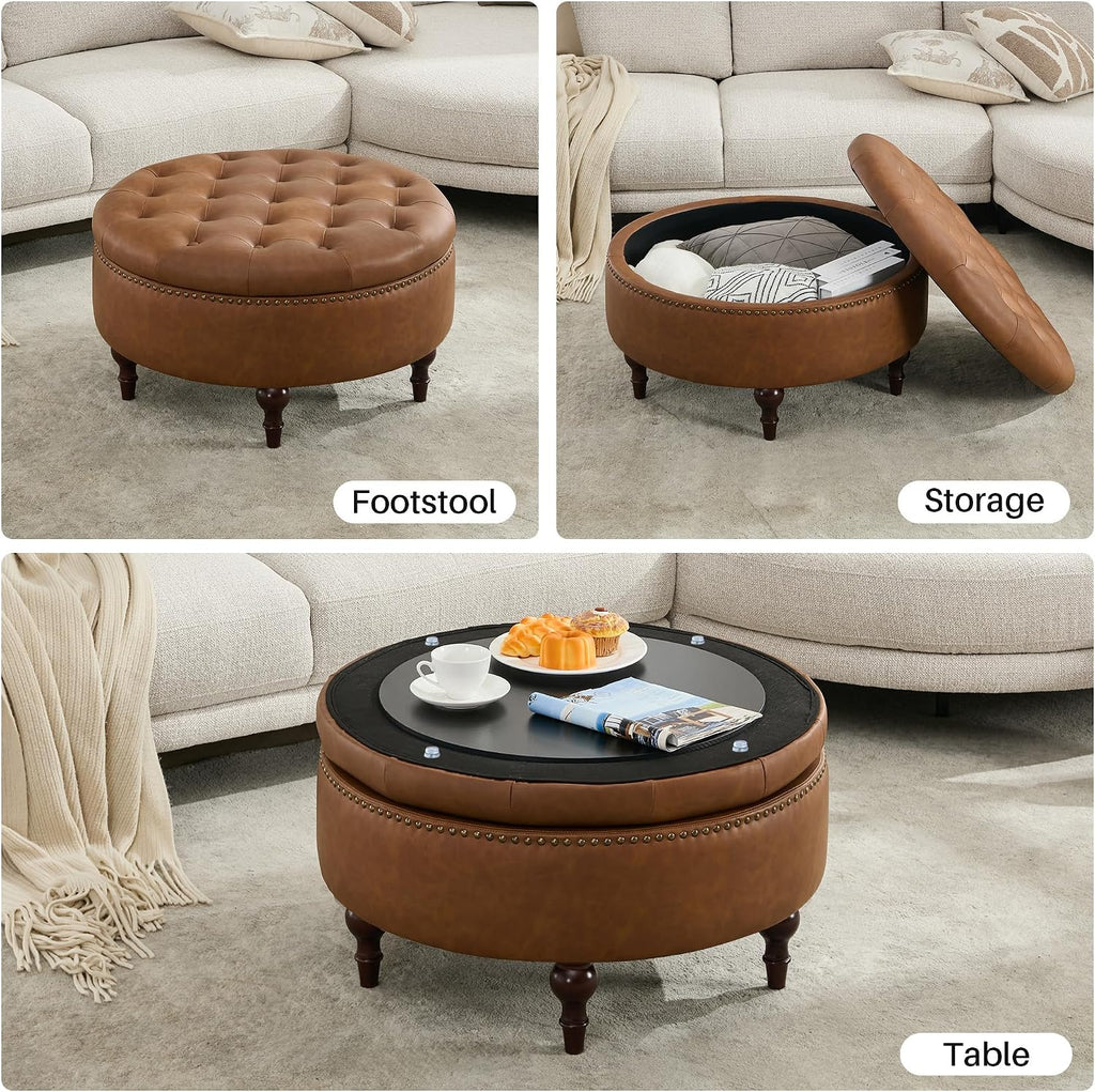 31.5" Large Round Storage Ottoman, Upholstered PU Ottoman Coffee Table | Large Ottoman with Solid Wooden Legs and