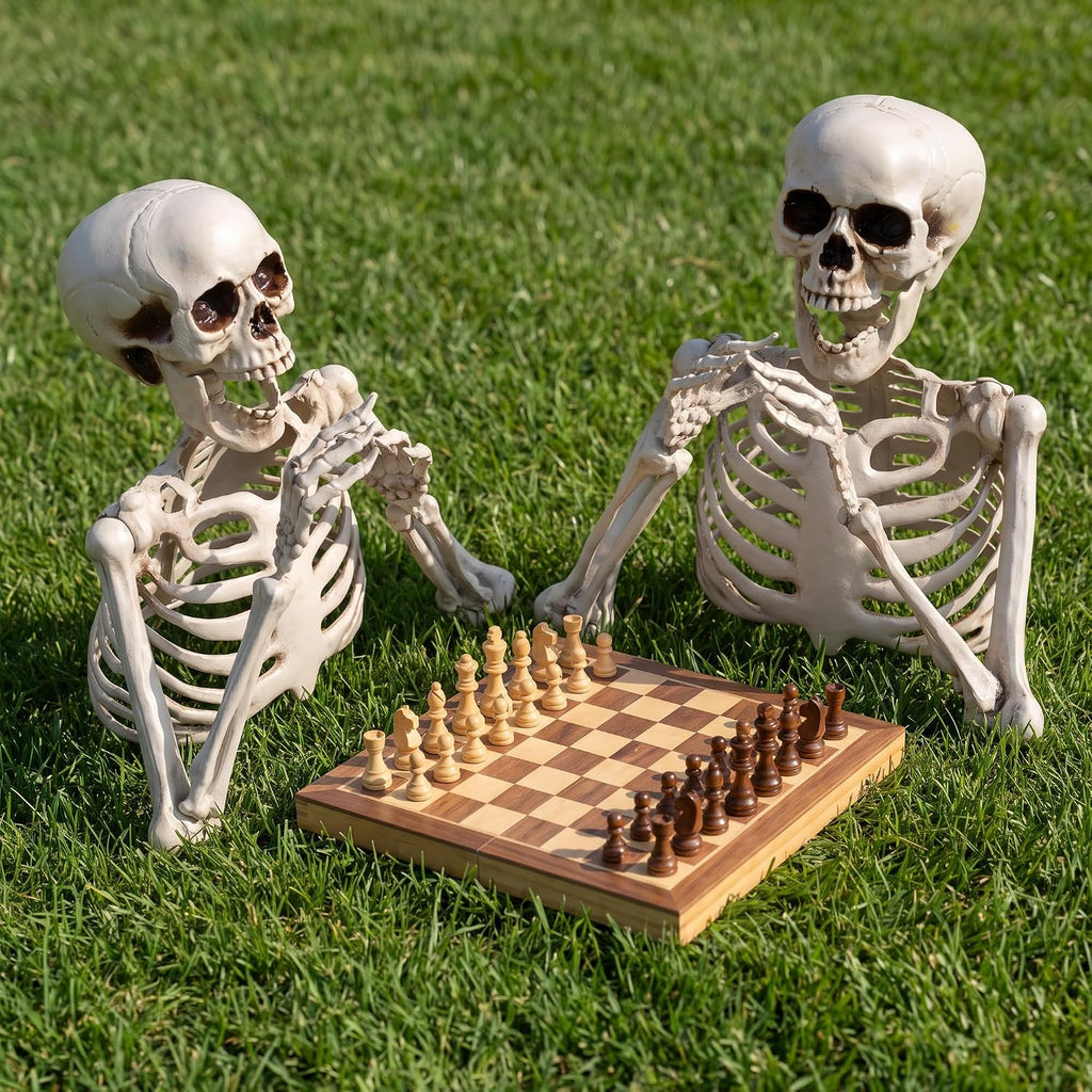 Halloween Half Skeleton Decoration with Red Glowing Eyes & Green Light-Up Body, Posable Arms, Scary Outdoor Yard