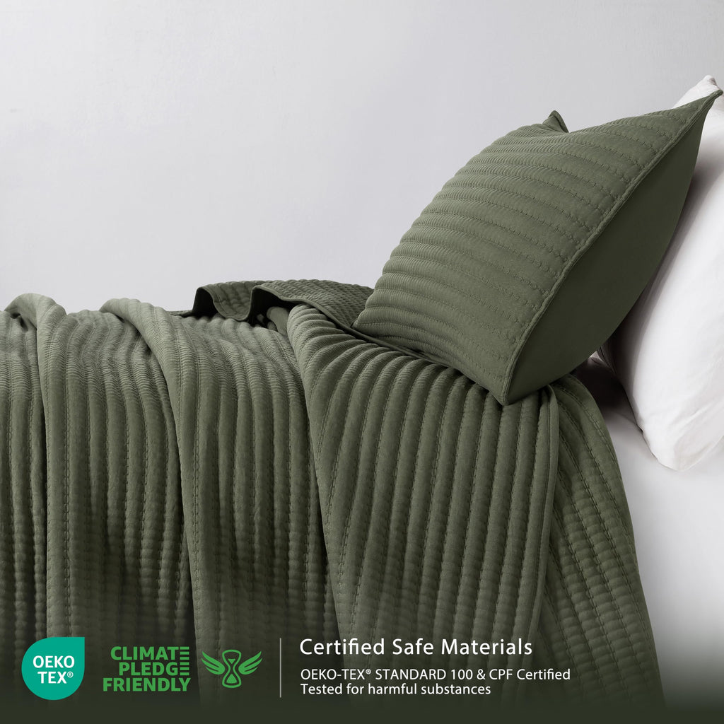 Quilt Set Channel Pick Stitch Striped Green Coverlet
