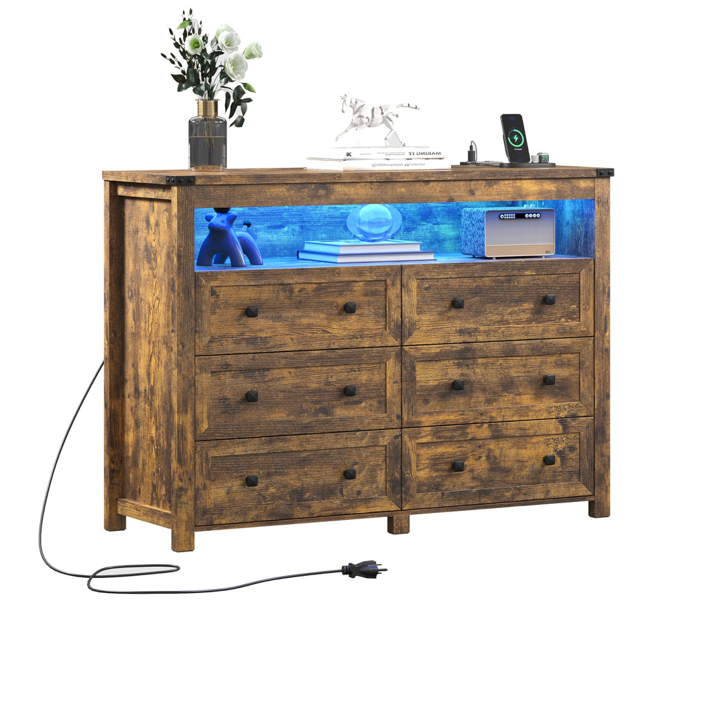 Brown Dresser 6 Drawer Dressers with LED Lights, Charging Station, Wood Chest of Drawers with Metal Handles, Modern