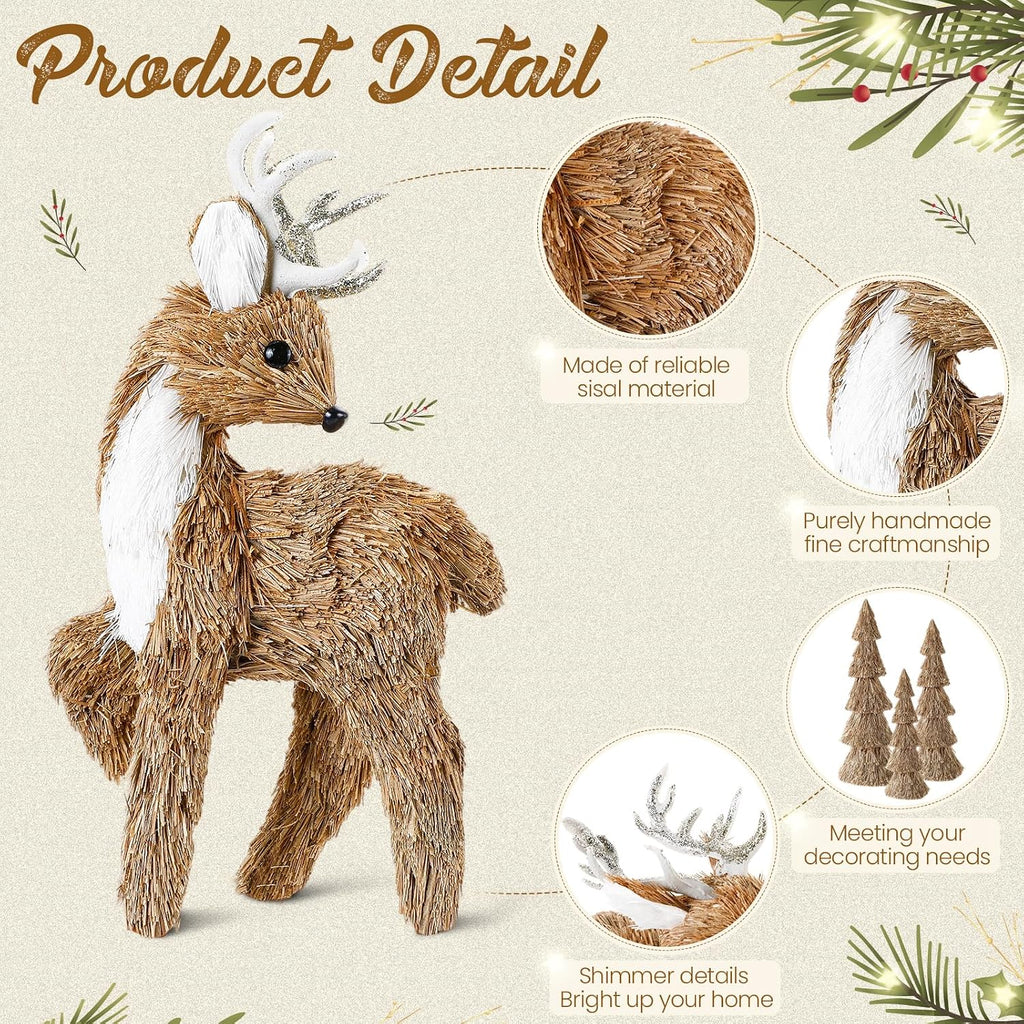 5 Pcs Christmas Sisal Reindeer Tree Centerpieces Table Fireplace Decor Christmas Deer Figurines Rustic Woodland