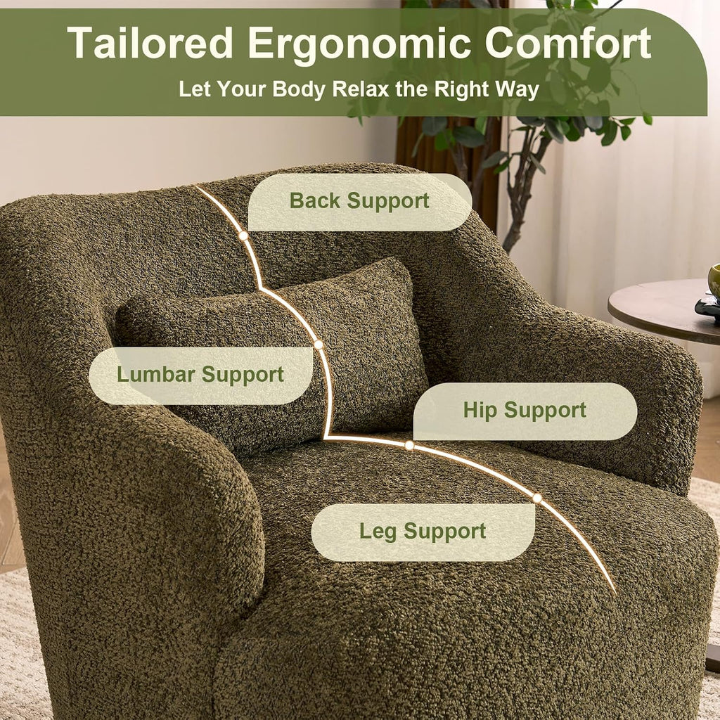 Swivel Accent Chair with Pillow, Solid Wood Base, Olive Green | 360°Swivel Accent Chair, Swivel Barrel Chair, Modern