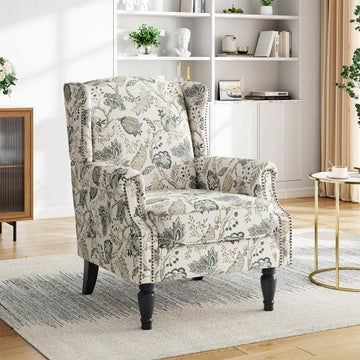 Floral Print Wingback Accent Chair, Retro Modern Farmhouse Armchair with High Back, Tufted Nailhead Trim & Solid Wood