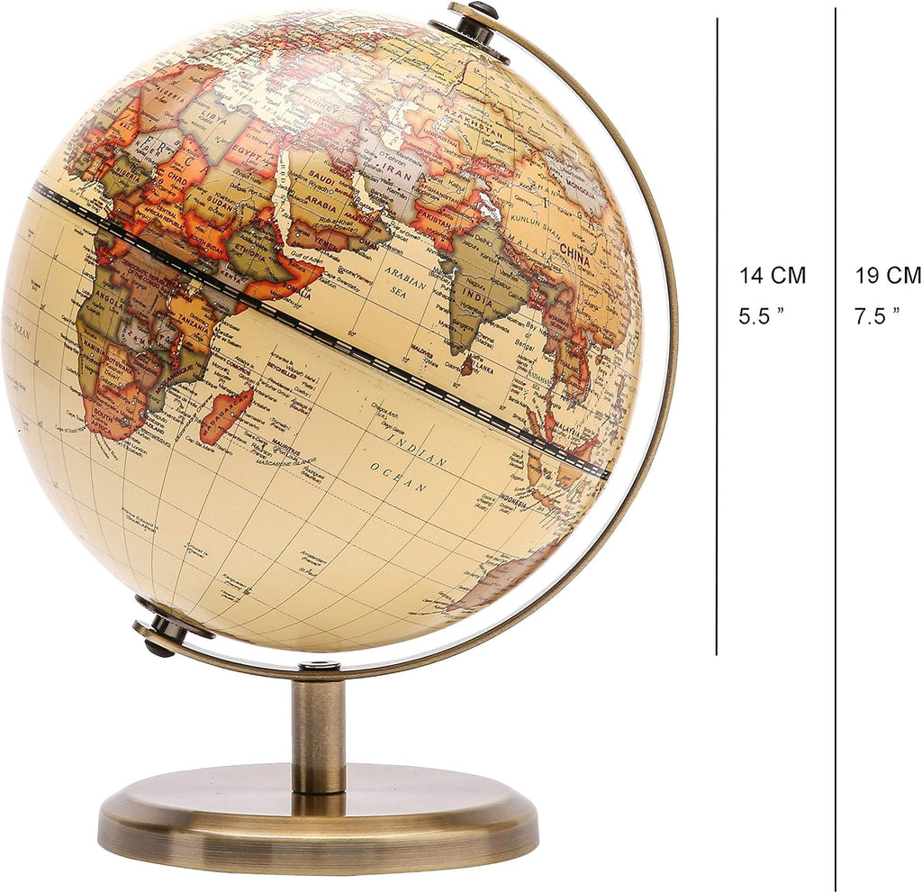Antique Globe Dia 5.5-inch / 14CM - Educational/Geographic/Modern Desktop Decoration - Stainless Steel Arc and Base