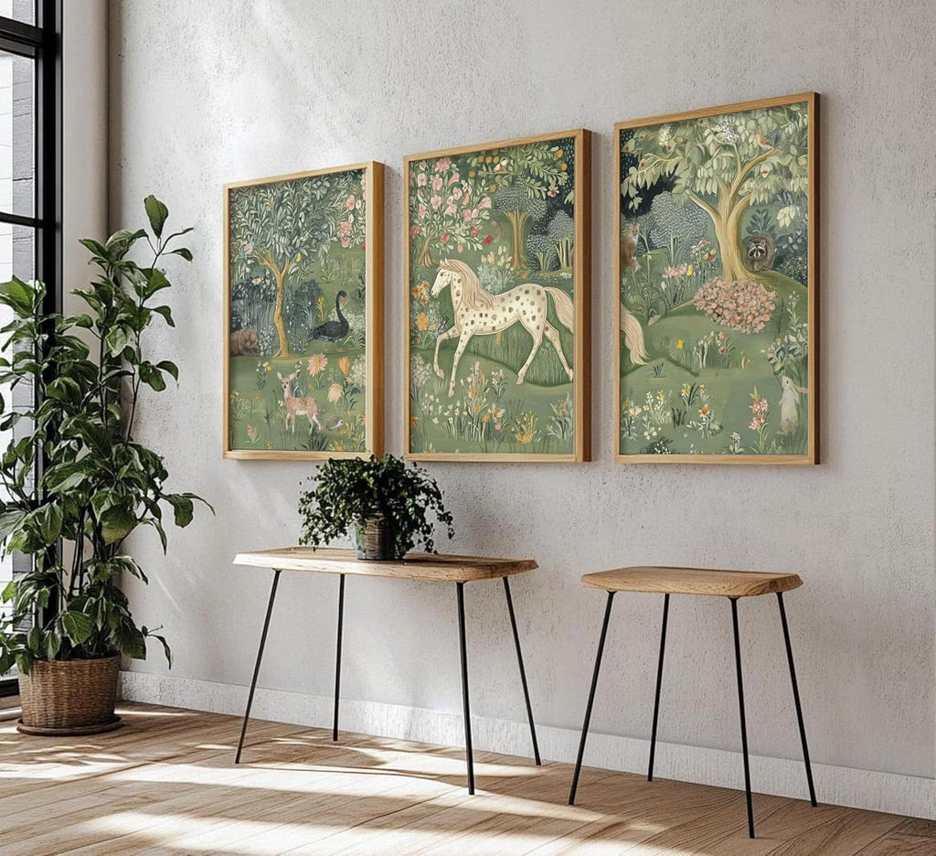 Framed Vintage Woodland Animal Nursery Wall Art Magic Horse Bear Deer Poster Green Fantasy Forest Botanical Pictures