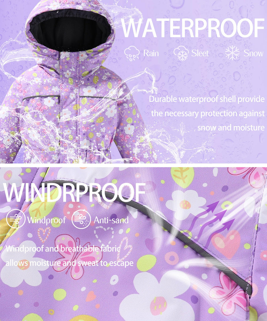 Girls Floral One Piece Overall Snowsuit Winter Warm Ski Suit Lavender Blooms