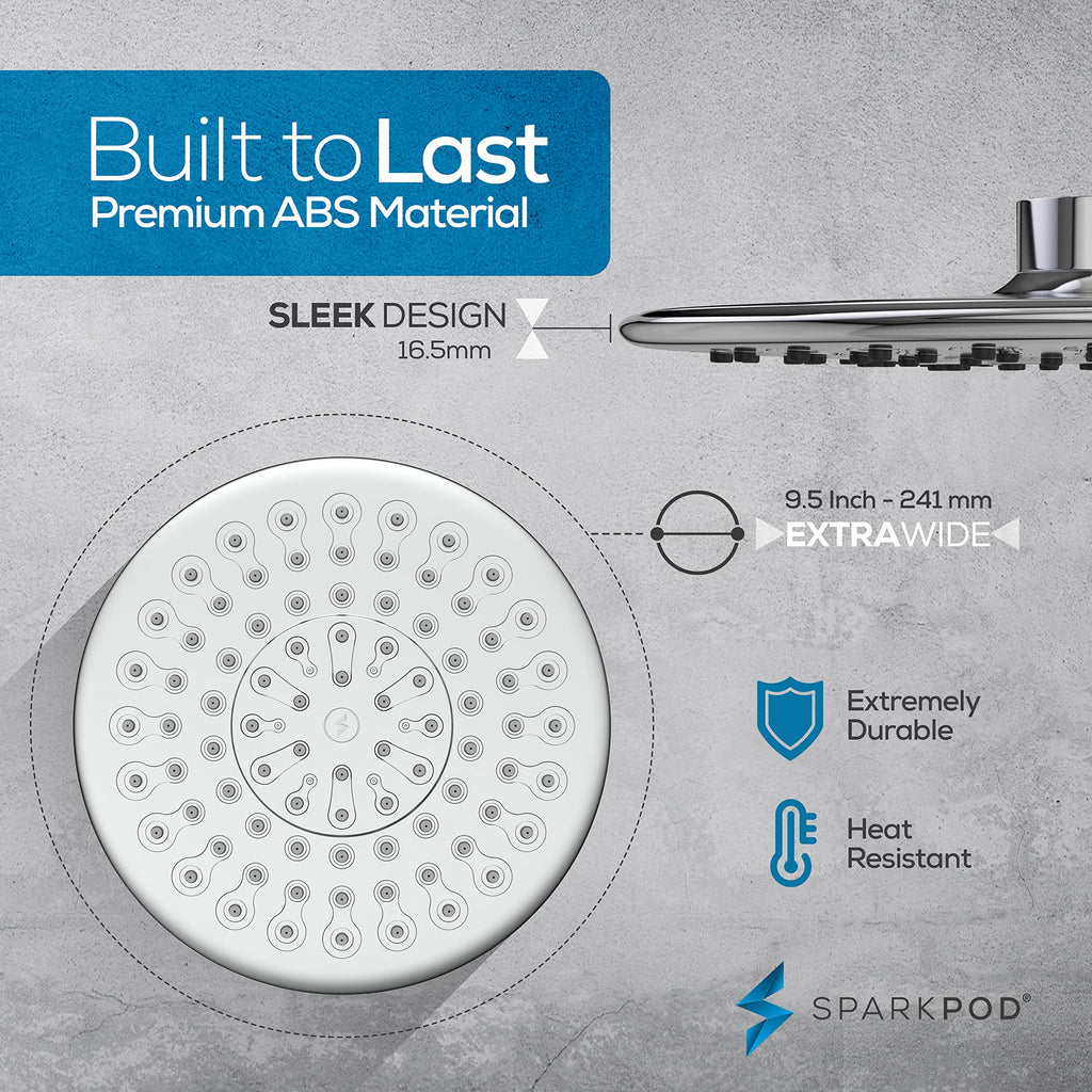 9.5" Large Rain Shower Head, High Pressure, Chrome, Anti-Clog