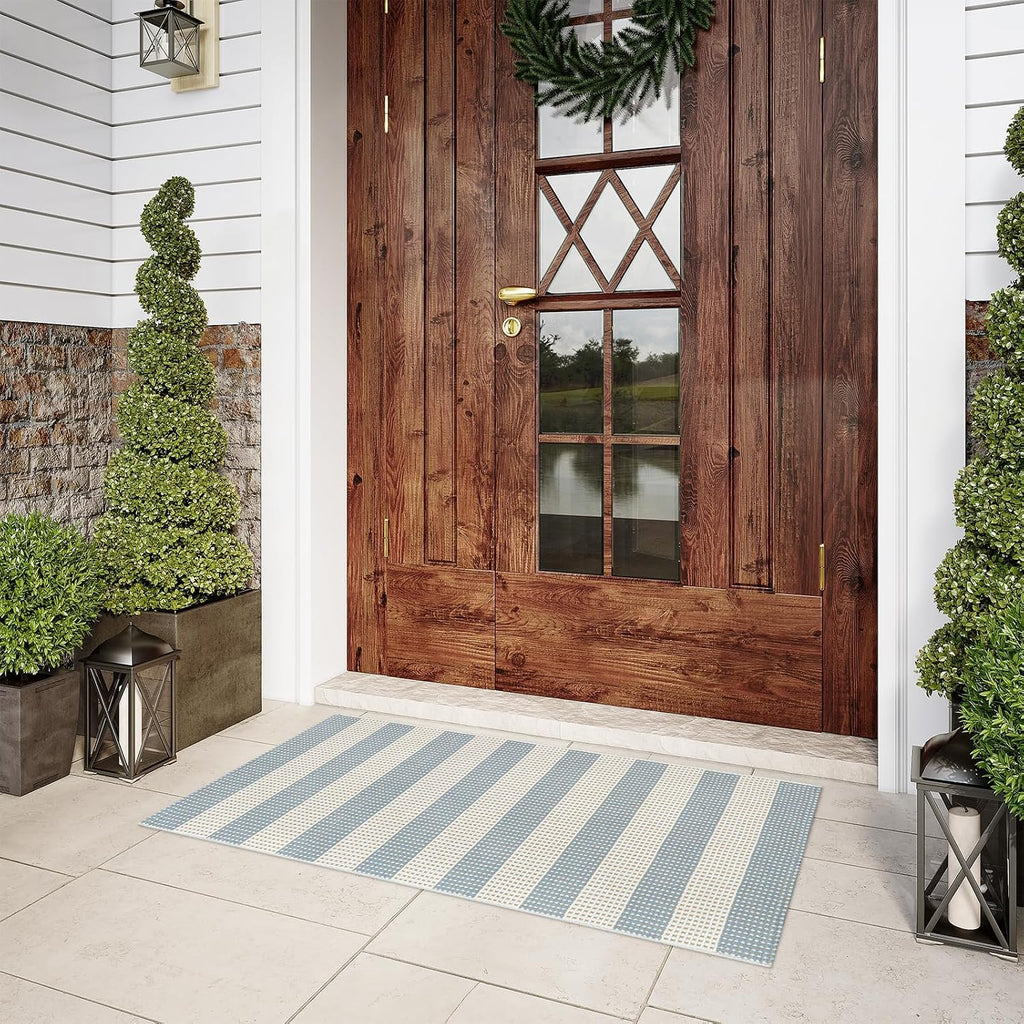 Layering Rug for Front Porch 2x4.3 Cute Welcome Mat Outside Entrance | Washable Front Door Mat, Blue White and Tan