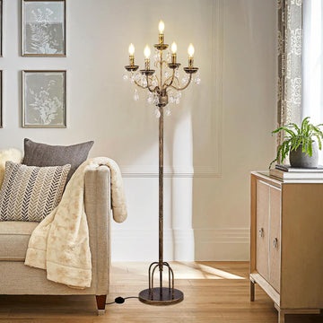 Bronze Crystal Floor Lamp, 5 Lights Vintage Farmhouse Standing Corner Lamp with Foot Switch, 65" Tal