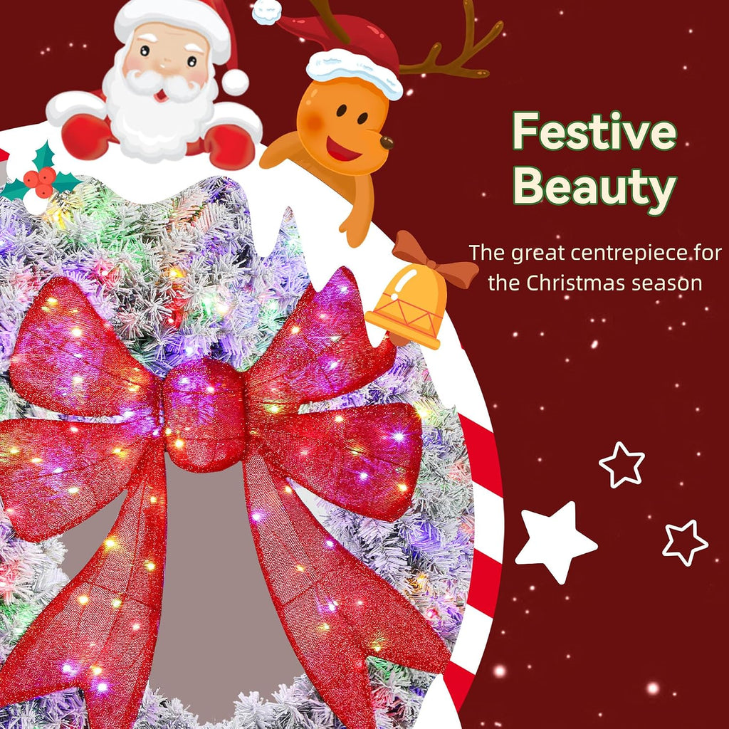 48in Flocked Pre-Lit Artificial Christmas Wreath with 3D Red Bow