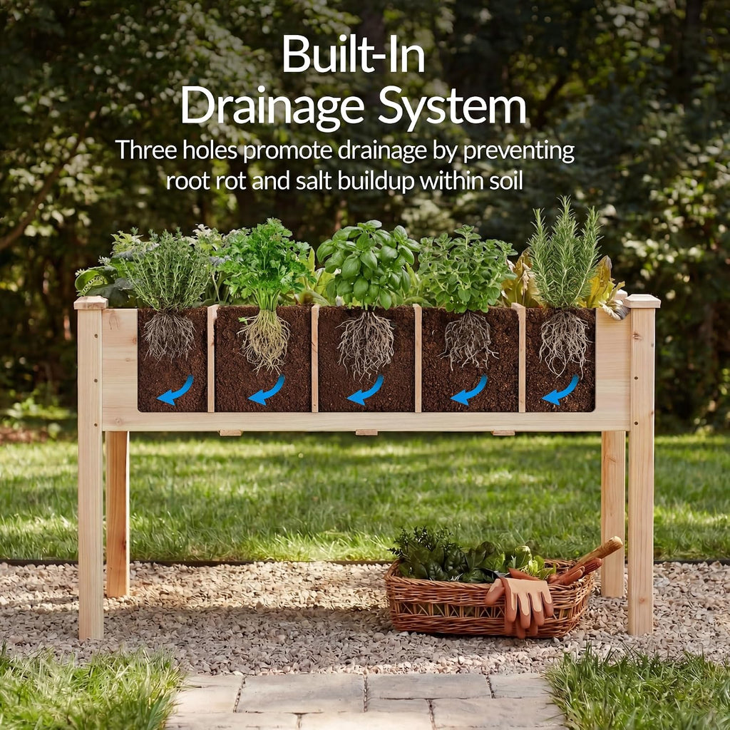 Raised Herb Garden Bed Planter Box - Elevated Wooden Planter with 10 Grid Growing Compartments, Drainage Holes