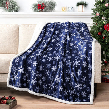 Blue Snowflake Christmas Sherpa Throw Blanket, Reversible Fleece Sherpa Cozy Holiday Blanket 50x60, Soft Winter Throw