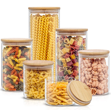 Borosilicate Glass Jars With Bamboo Lids. 6 Pc Set of Air Tight Sealable Containers. Food Jar Canisters with Airtight