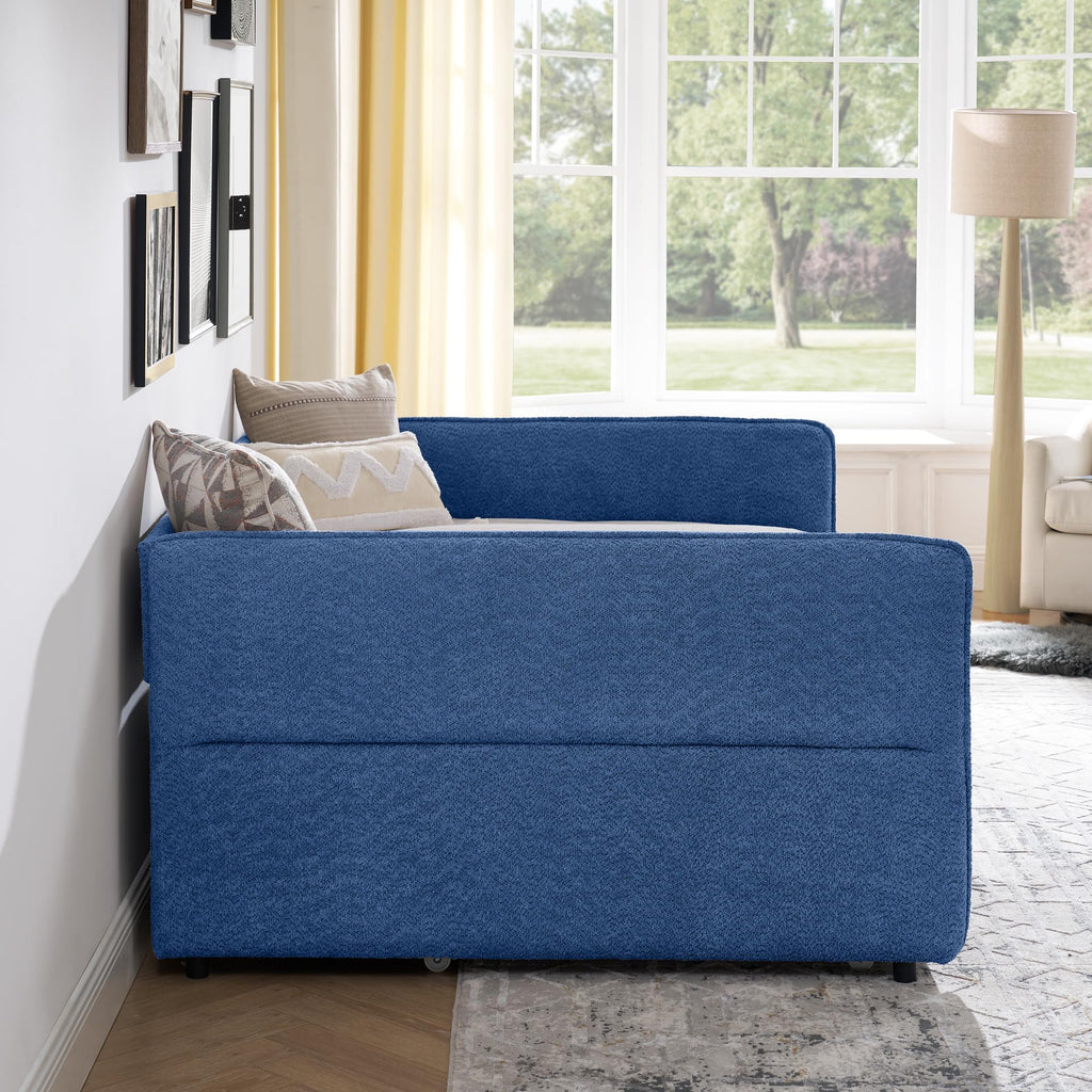 Full Size Upholstery Tufted Daybed with Erectable Trundle, Full to King Design Modern Extendable Boucle Sofa Bed