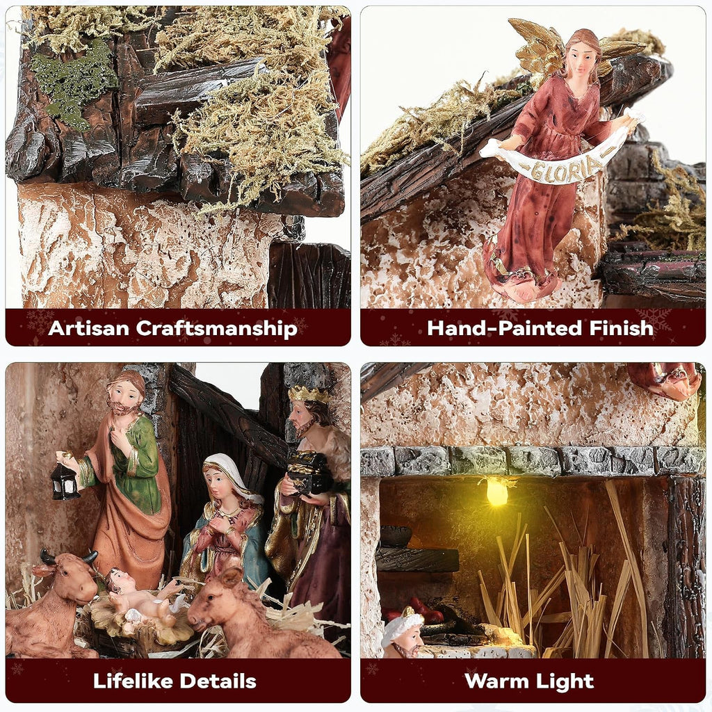 Nativity Scene Set with LED Lights,15.3" Resin Holy Family Character Stables Sculpture Manger Figurine for Indoor