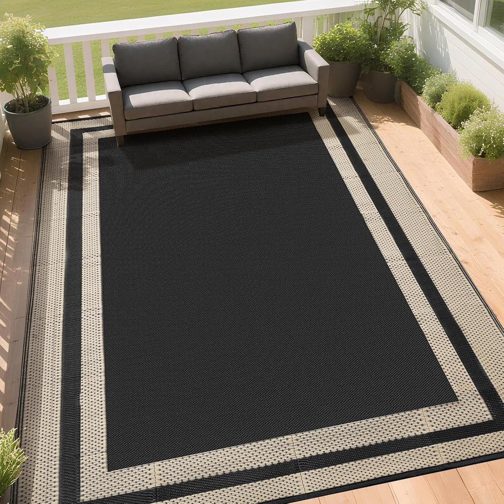 Outdoor Rugs Waterproof s Clearance,Large Plastic Straw Mats for Backyard,Porch,Deck,Balcony,Black&Beige