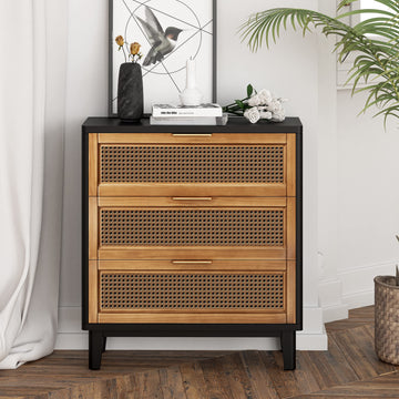 Farmhouse 3-Drawer Nightstand, Woven Cane Front Accent Dresser with Brass Pull, Fully-Assembled, Black