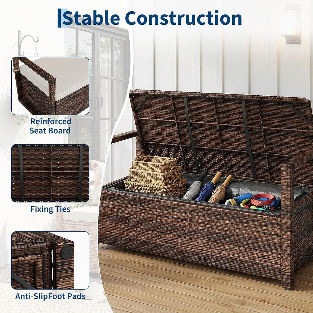 75 Gallon Outdoor Storage Bench with Cushion, 2-Seater PE Rattan Patio Storage Box with Backrest & Armrests