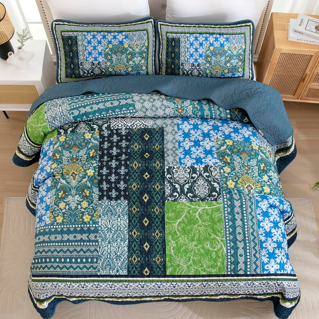 Boho Quilt, 3 Pieces Teal Patchwork Quilt Soft Coverlet Reversible Lightweight Farmhouse Quilts with 2 Pillow