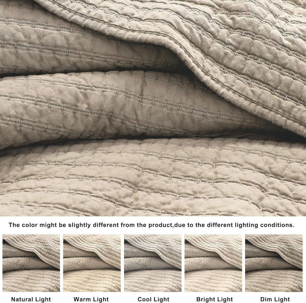 100% Cotton Queen Quilt Set - Beige Neutral Striped Pick Stitch Soft Lightweight Bedspread, Textured Like Linen