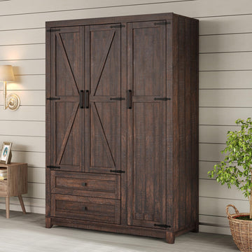 Farmhouse 3 Door Wardrobe Closet with 2 Drawers & Hanging Rod