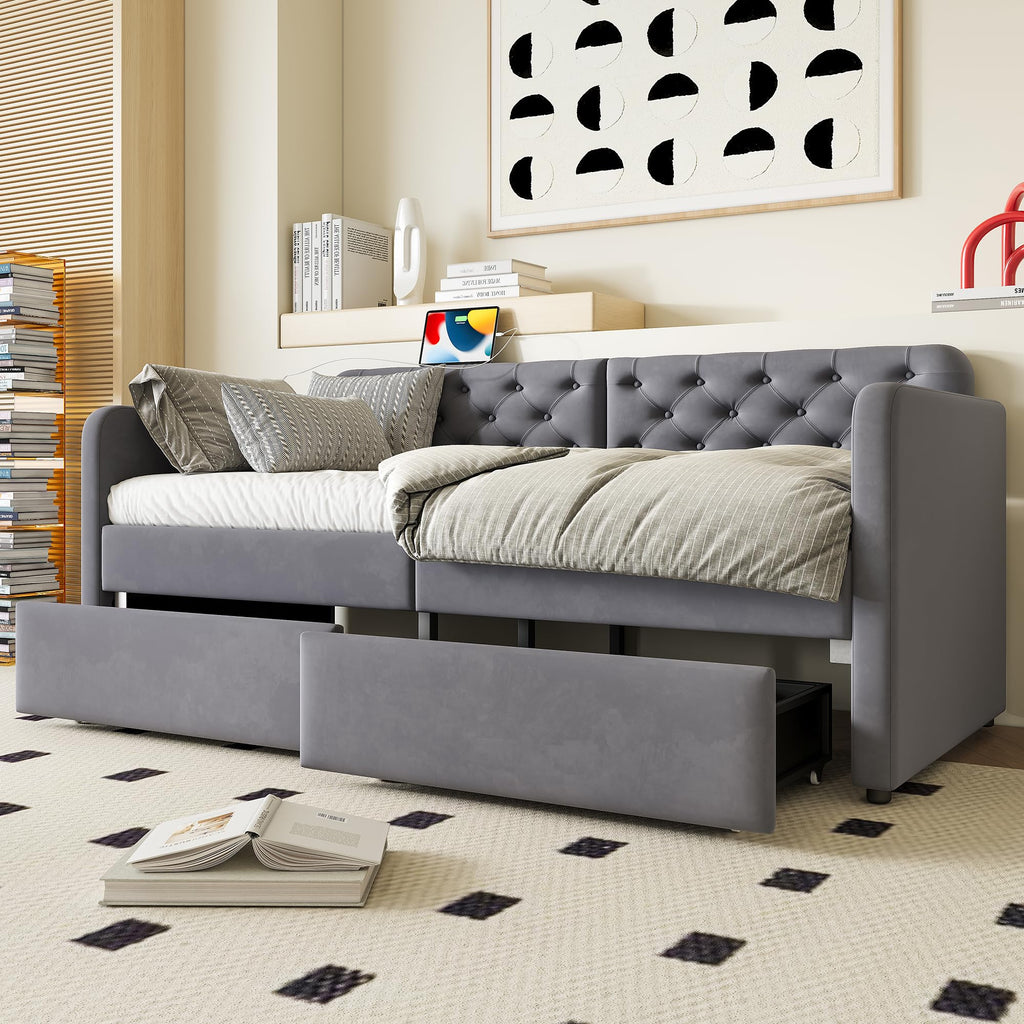 Twin Daybed with Storage Drawers, Velvet Upholstered Daybed Frame with USB Port, Button Tufted Backrest, Twin Size