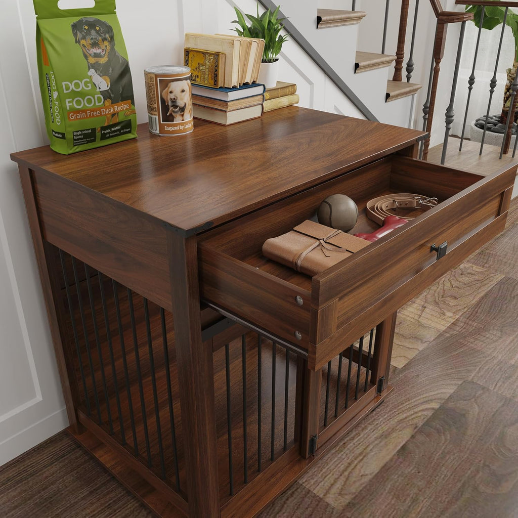 Wooden Dog Crate Furniture with Sliding Barn Door & Drawer, Walnut