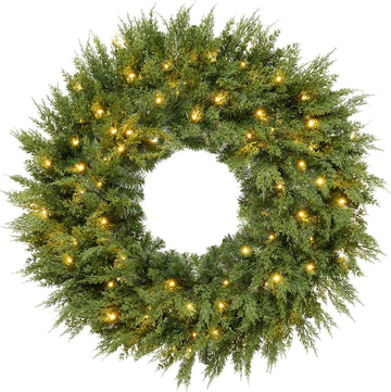 Pre-Lit Cedar Cypress Christmas Wreath w/Twinkling LEDs, 30in Realistic Large Indoor/Outdoor Holiday Decor for Door