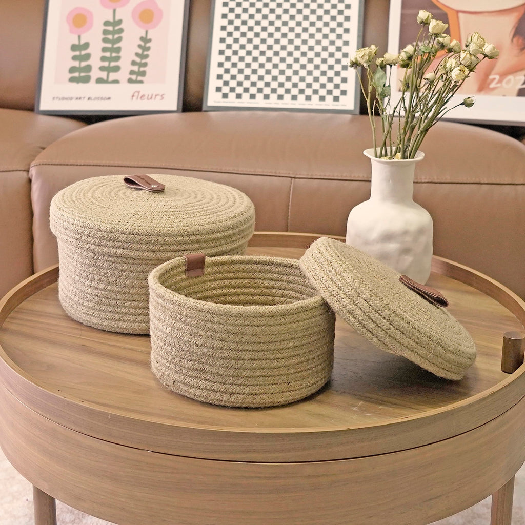 Set of 2 Round Jute Rope Storage Baskets with Lids -Leather Handles- Decorative Woven Organizer Bin, Small Basket