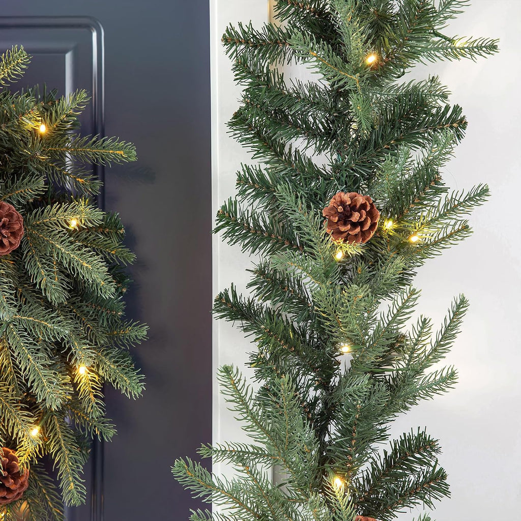 For Mantle, Prelit Greenery Garland Pine Cone Christmas Garland with Warm White LED Lights and Timer for Fireplace