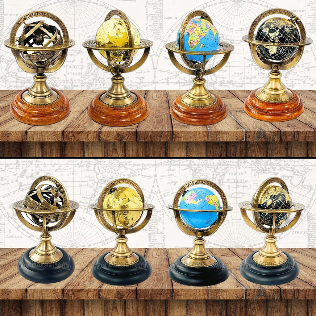 5.10" Nautical Brass Armillary Sphere World Globe with Aqua Blue Map, Jet Black Wooden Base - Elegant, Durable Decor