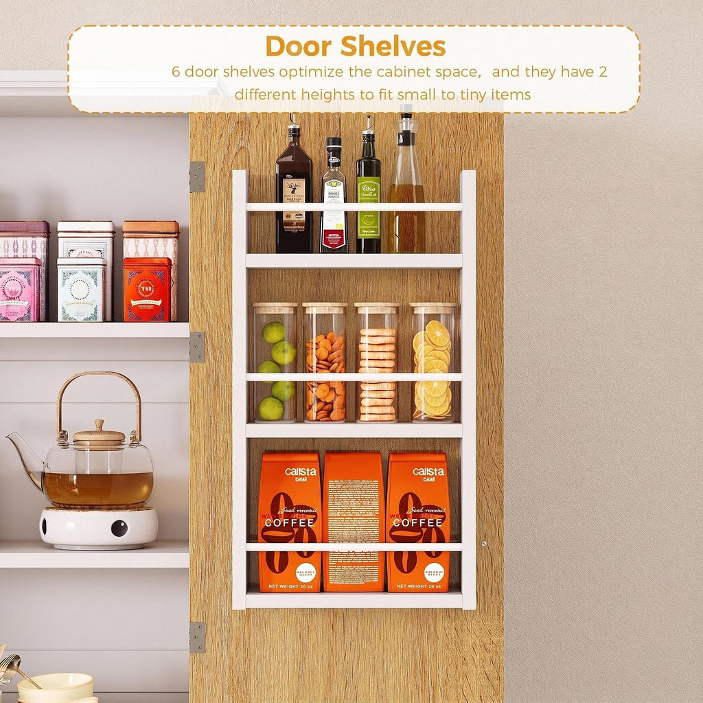 70" Kitchen Pantry Cabinet with Pull-Out Shelves, White | Pantry Storage Cabinet with 6 Door Organizers, 2 Drawers