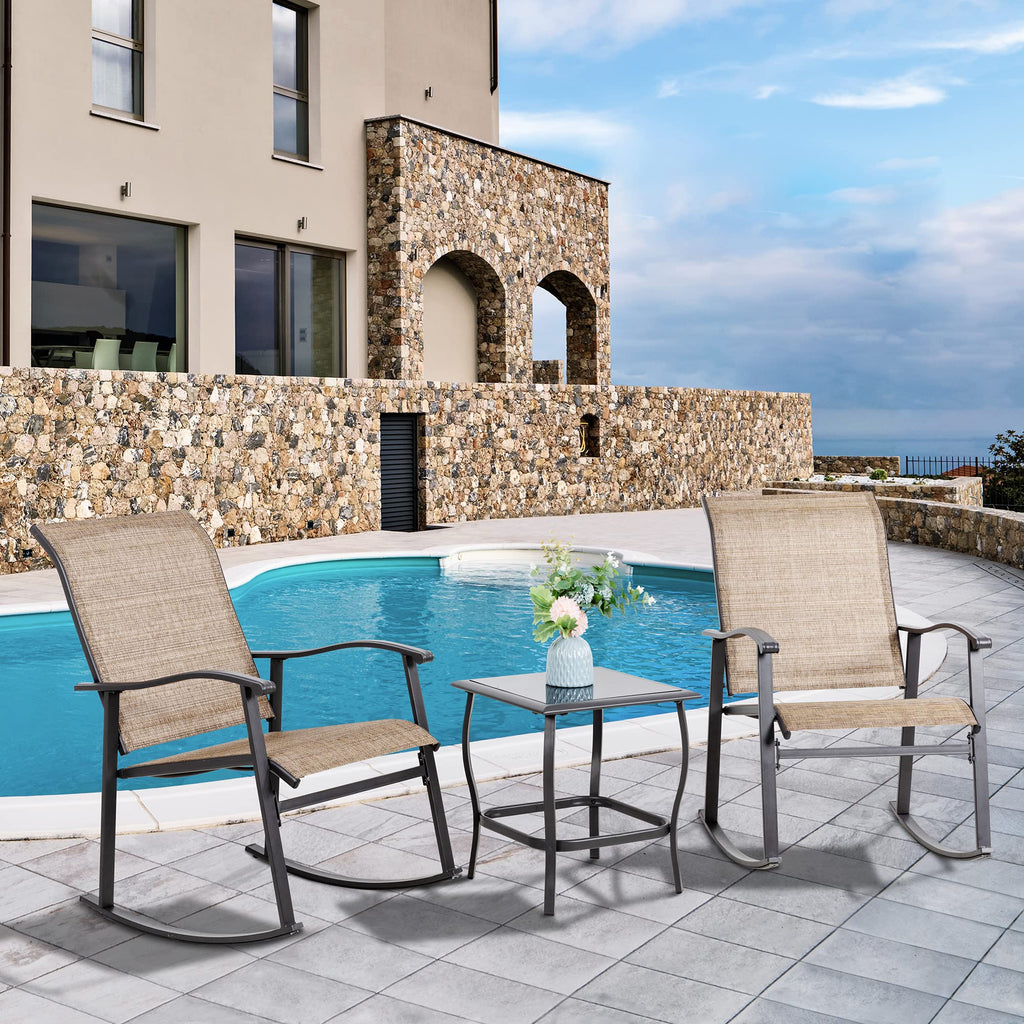 3 Piece Outdoor Rocking Bistro Set, Textilene Fabric Small Patio Furniture Set, Front Porch Rocker Chairs