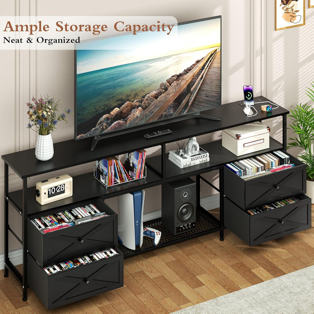 TV Stand with Fabric Drawers for 65 70 75 Inches TV - Entertainment Center with Open Storage Shelf, Power Outlets &