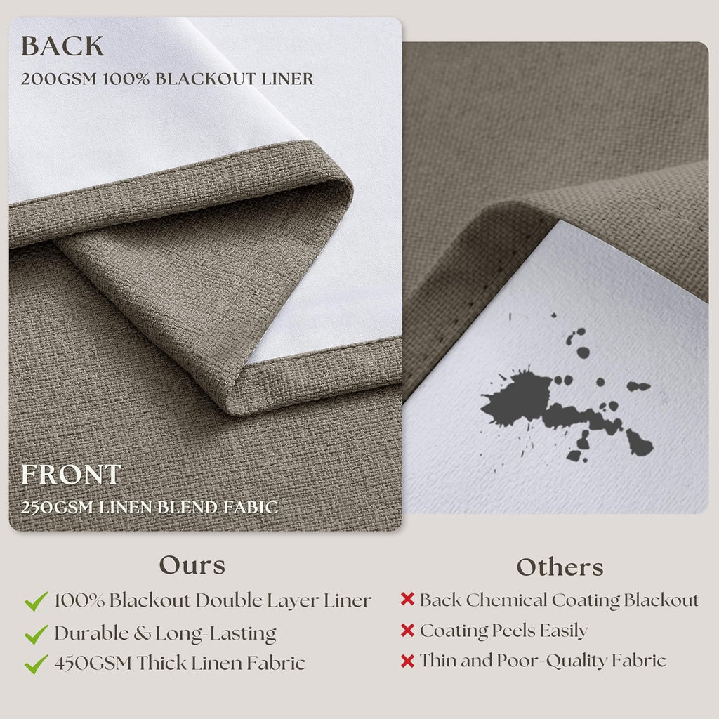 Dark Taupe 96 Inch Blackout Pinch Pleated Curtains 2 Panel Set for Living Room Darkening Thick Linen Textured 100%