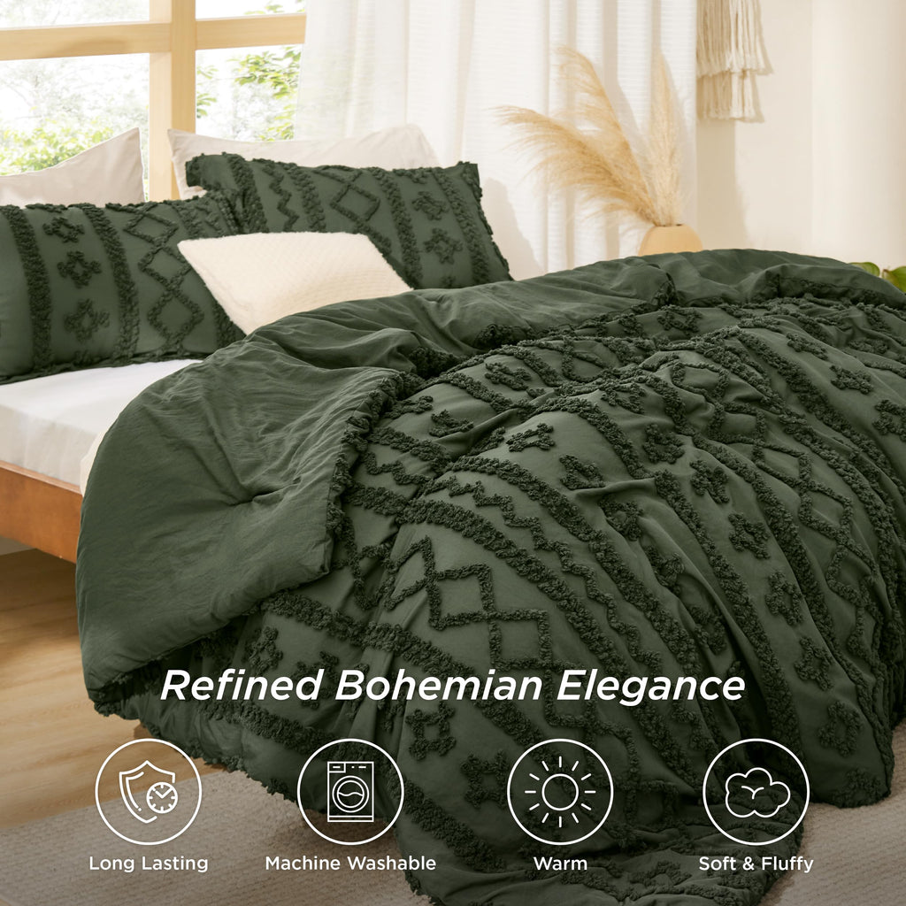 Boho Comforter Set King, Bedroom Decor Bedding Set Olive Green