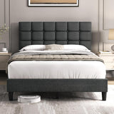 Upholstered Bed Frame, Modern Full Bed Platform with Square Stitched&Button Tufting Headboard Height Adjustable