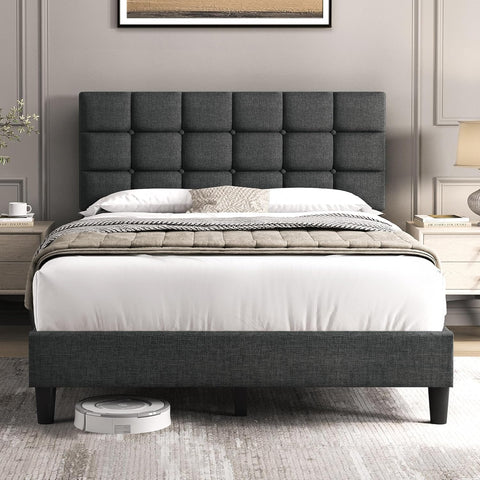 Upholstered Bed Frame, Modern Full Bed Platform with Square Stitched&Button Tufting Headboard Height Adjustable