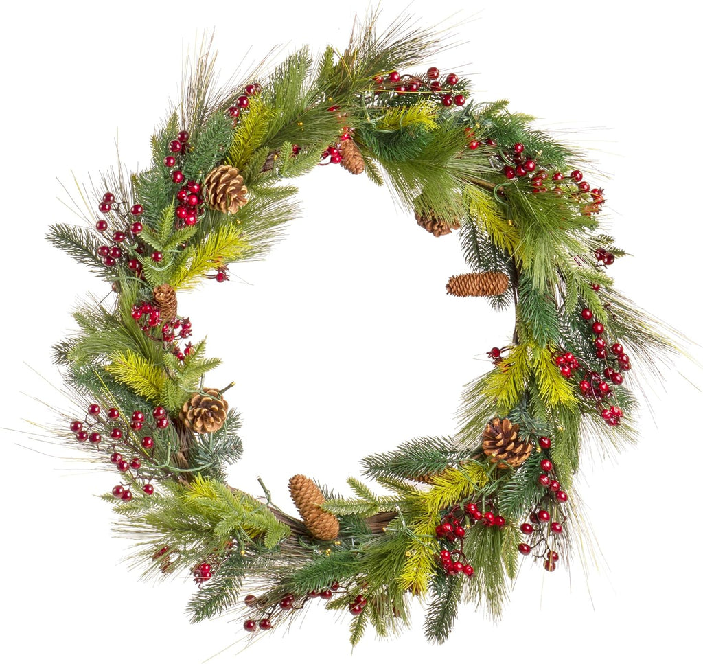 30" Light-Up Christmas Wreath with Pinecones & Evergreens, Battery-Operated LED Lights with Timer