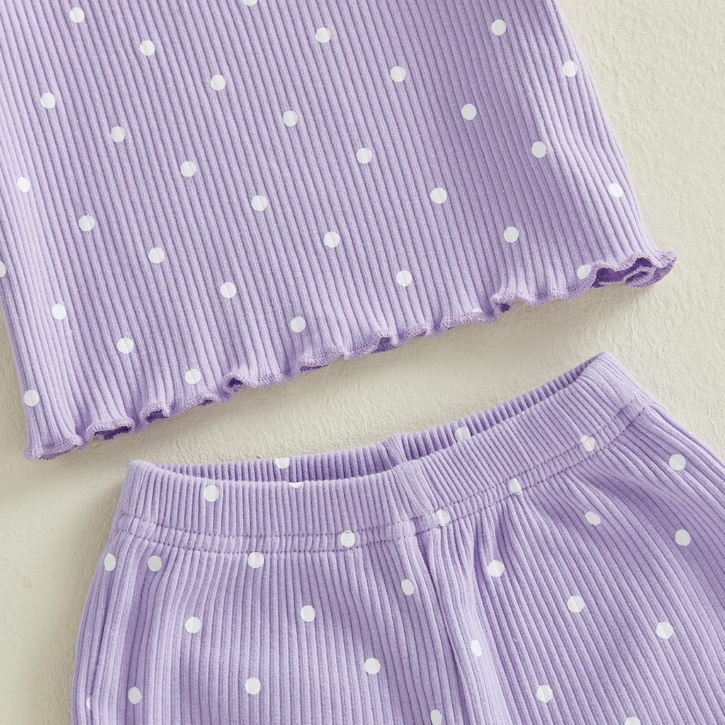 Toddler Baby Girl Summer Outfits Polka Dot Print Ribbed Knit Short Sleeves T-Shirt Tops + Shorts 2Pcs Clothes Set