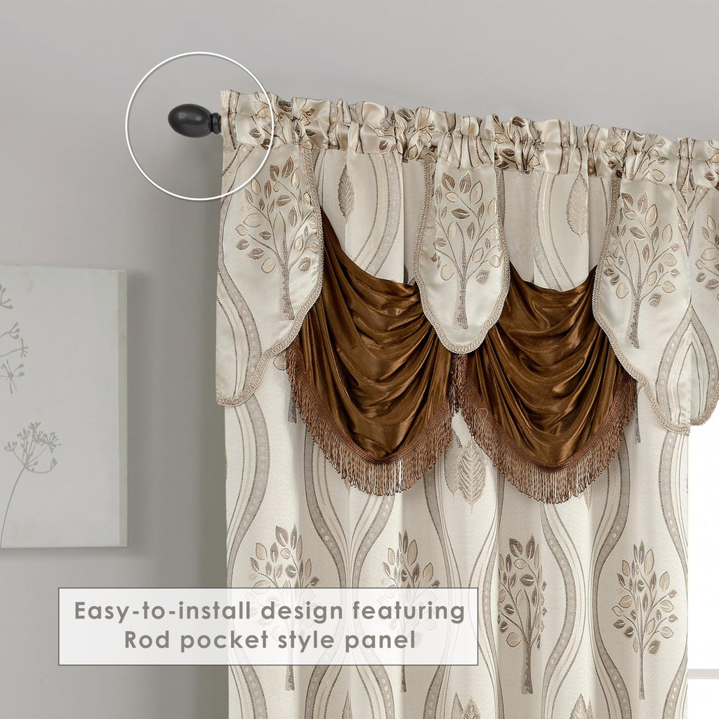 Luxurious Beautiful Curtain Panel Set with Attached Valance and Backing 54" X 84 inch (Set of 2), Beige, Ella 2PC