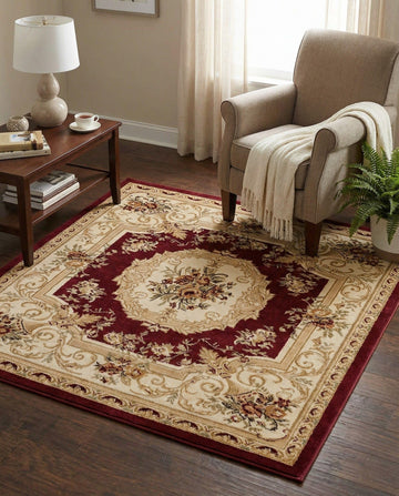 Chateau Rug - 5 Ft Square Red Traditional Medallion Rug - Vintage French Style, Stain Resistant, Perfect s and Home