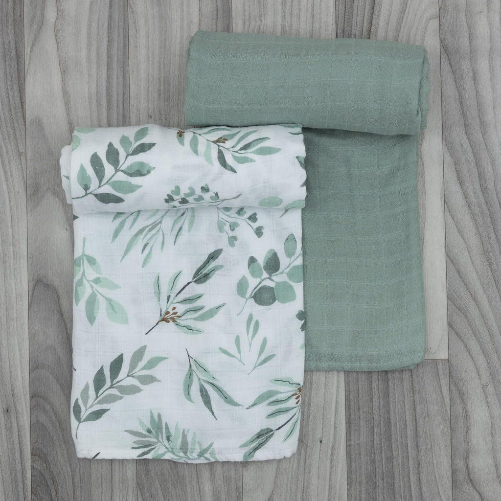 Organic Baby Muslin Swaddle Blankets for Boy or Girl - Eucalyptus Leaves and Sage Swaddling Blanket 2 Pack - Soft