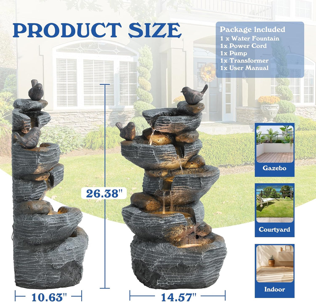 5-Tiers Cascading Rock Water Fountain Outdoor, Waterfalls Fountains | Garden Freestanding Resin Water Feature