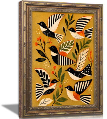 Vintage Gold Framed Bird Wall Art, Abstract Cottagecore Picture Wall Decor