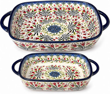 2-Piece Polish Pottery Style Ceramic Dish Set | Large baker for casseroles, baked pasta & roasting; small baker for