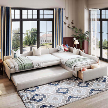 Twin Size Daybed, Upholstered Double Twin Size Daybed with Trundle and Drawer, Beige